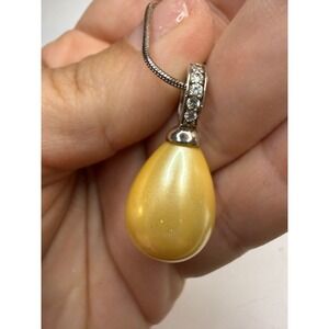 LUC Signed Sterling Silver 925 Golden Faux Pearl CZ Drop Pendant Snake Necklace
